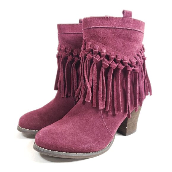 Sbicca Womens 7.5 Suede Fringe Heeled Ankle Boots Burgundy Western Style - Picture 2 of 9